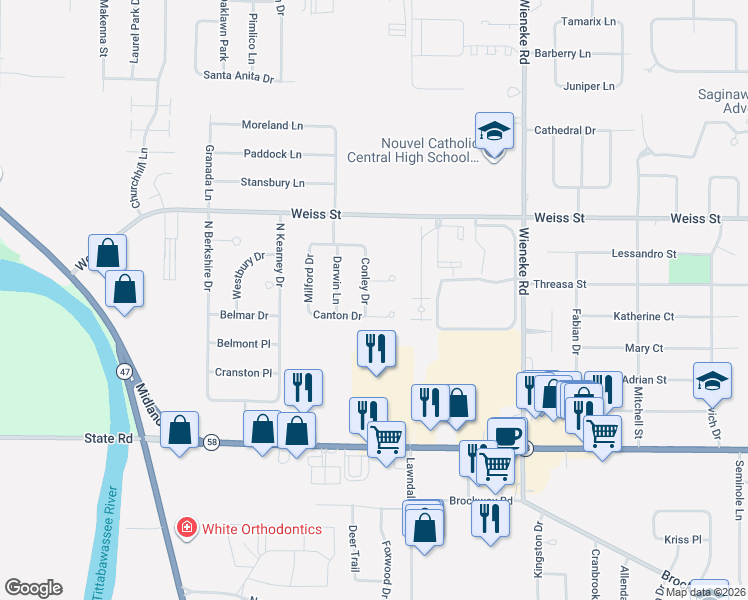 map of restaurants, bars, coffee shops, grocery stores, and more near 2310 Conley Drive in Saginaw