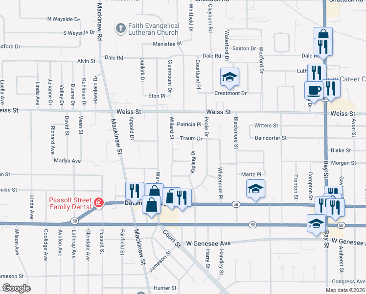 map of restaurants, bars, coffee shops, grocery stores, and more near 16 South Ghia Court in Saginaw