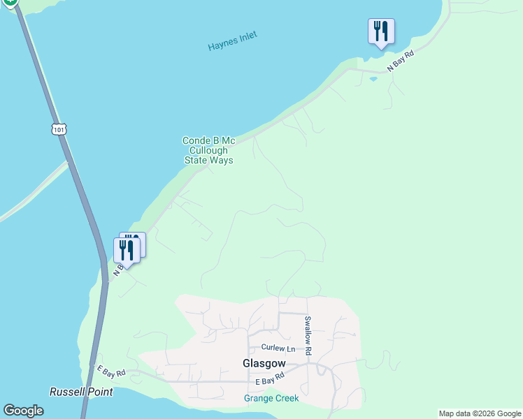 map of restaurants, bars, coffee shops, grocery stores, and more near 93545 Shady Lane in North Bend