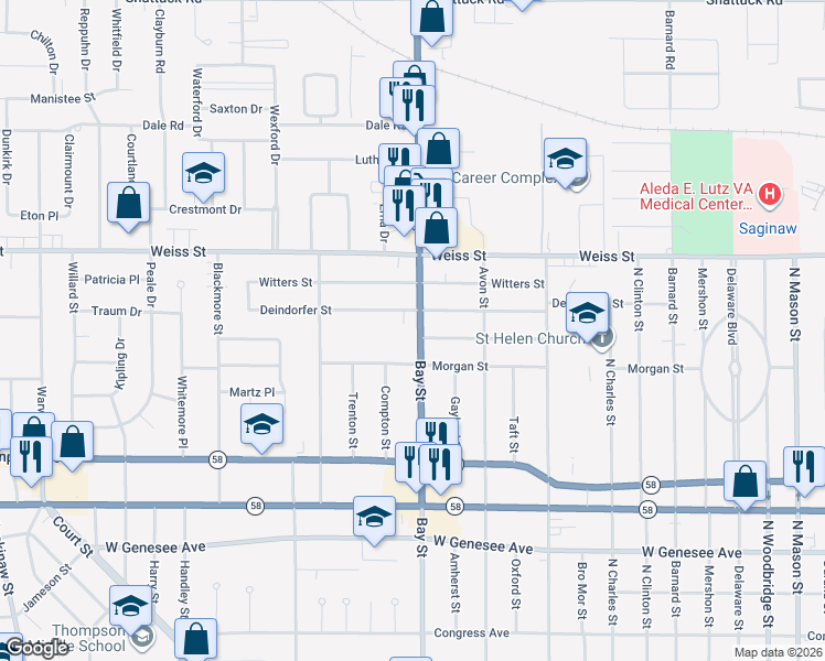 map of restaurants, bars, coffee shops, grocery stores, and more near 2401 Bay Street in Saginaw