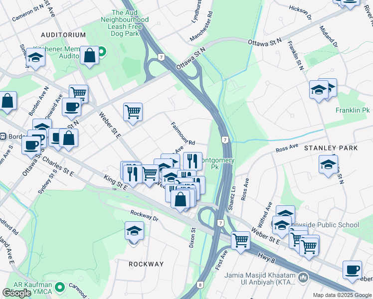 map of restaurants, bars, coffee shops, grocery stores, and more near 161 Jackson Avenue in Kitchener