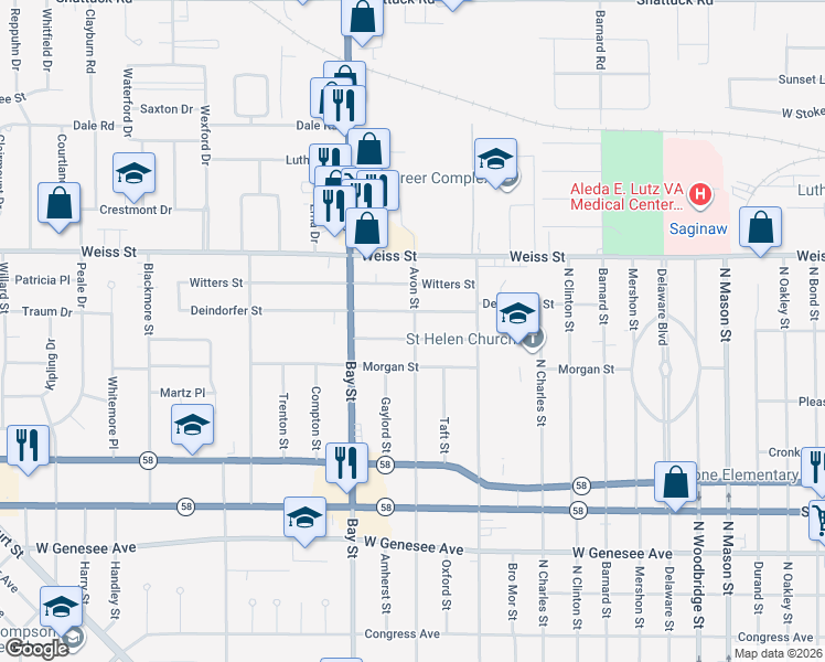 map of restaurants, bars, coffee shops, grocery stores, and more near 2403 Avon Street in Saginaw