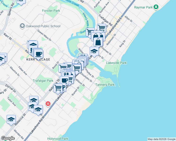 map of restaurants, bars, coffee shops, grocery stores, and more near 89 Forsythe Street in Oakville