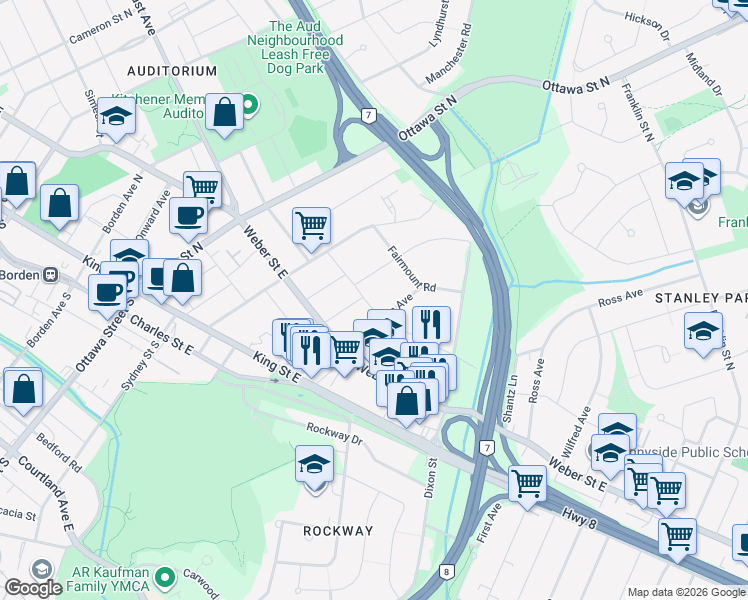 map of restaurants, bars, coffee shops, grocery stores, and more near 76 Brentwood Avenue in Kitchener