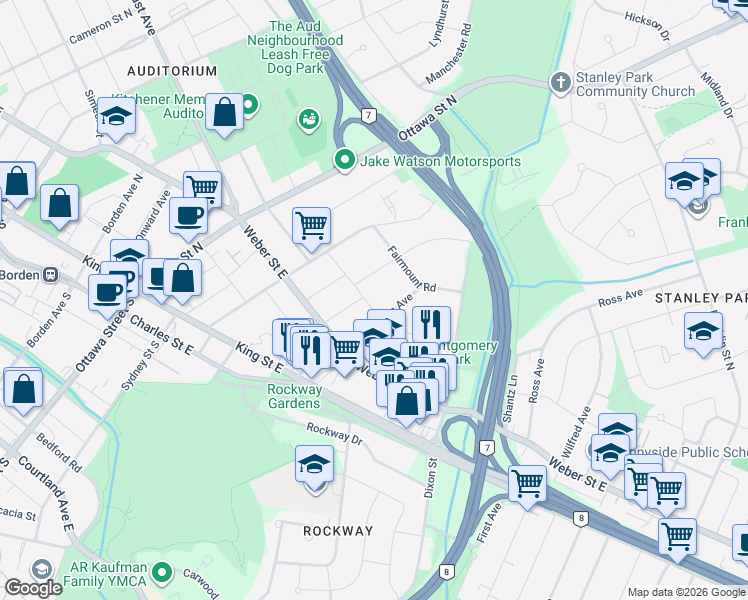 map of restaurants, bars, coffee shops, grocery stores, and more near 82 Brentwood Avenue in Kitchener