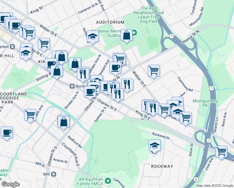 map of restaurants, bars, coffee shops, grocery stores, and more near 18 Sydney Street North in Kitchener