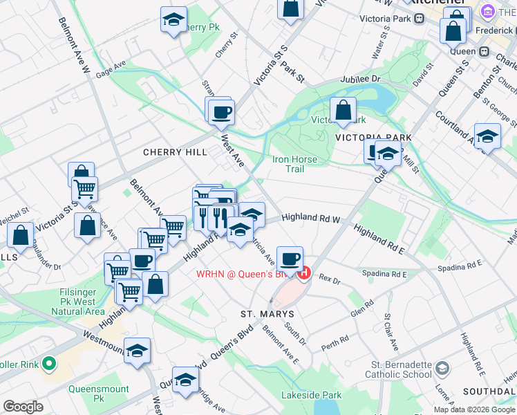map of restaurants, bars, coffee shops, grocery stores, and more near in Kitchener