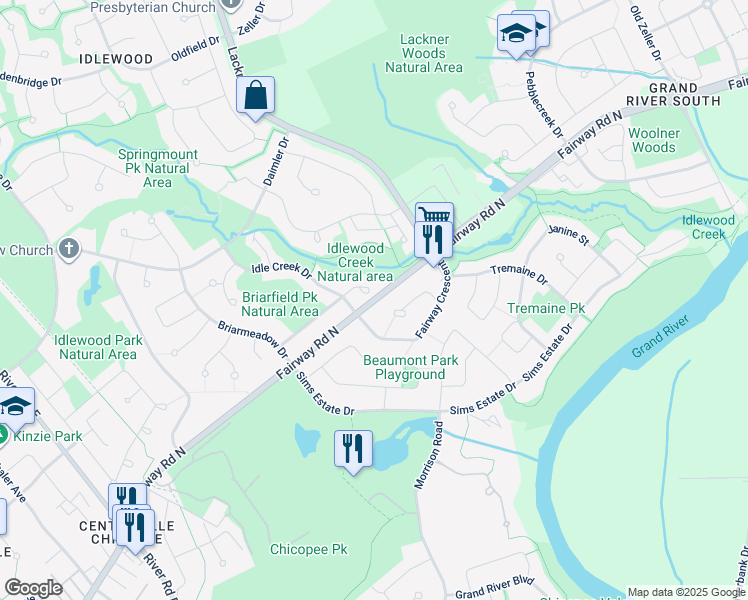 map of restaurants, bars, coffee shops, grocery stores, and more near Fairway Road North in Kitchener
