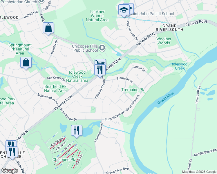 map of restaurants, bars, coffee shops, grocery stores, and more near 218 Tremaine Crescent in Kitchener