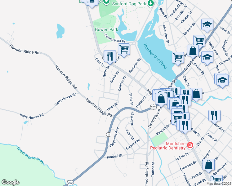 map of restaurants, bars, coffee shops, grocery stores, and more near 33 Charles Street in Sanford