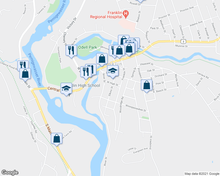 map of restaurants, bars, coffee shops, grocery stores, and more near 47 Elkins Street in Franklin