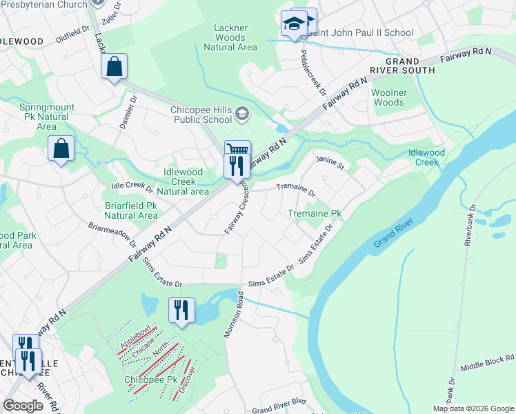 map of restaurants, bars, coffee shops, grocery stores, and more near 241 Tremaine Crescent in Kitchener