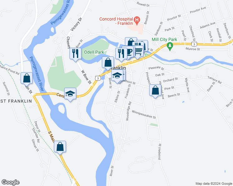 map of restaurants, bars, coffee shops, grocery stores, and more near 39 Elkins Street in Franklin