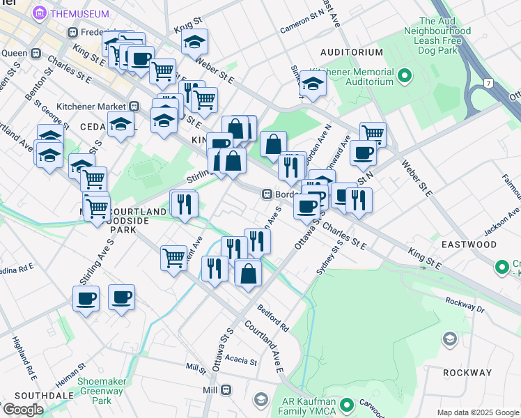 map of restaurants, bars, coffee shops, grocery stores, and more near 94 Borden Avenue South in Kitchener