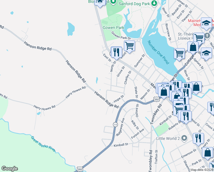map of restaurants, bars, coffee shops, grocery stores, and more near 4 Douglas Street in Sanford