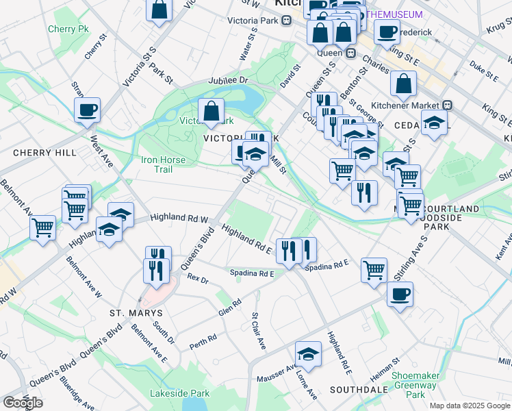 map of restaurants, bars, coffee shops, grocery stores, and more near 110 Woodside Avenue in Kitchener