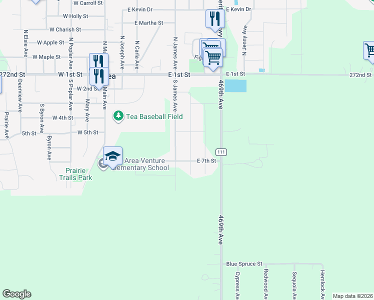 map of restaurants, bars, coffee shops, grocery stores, and more near 27237 469th Avenue in Tea