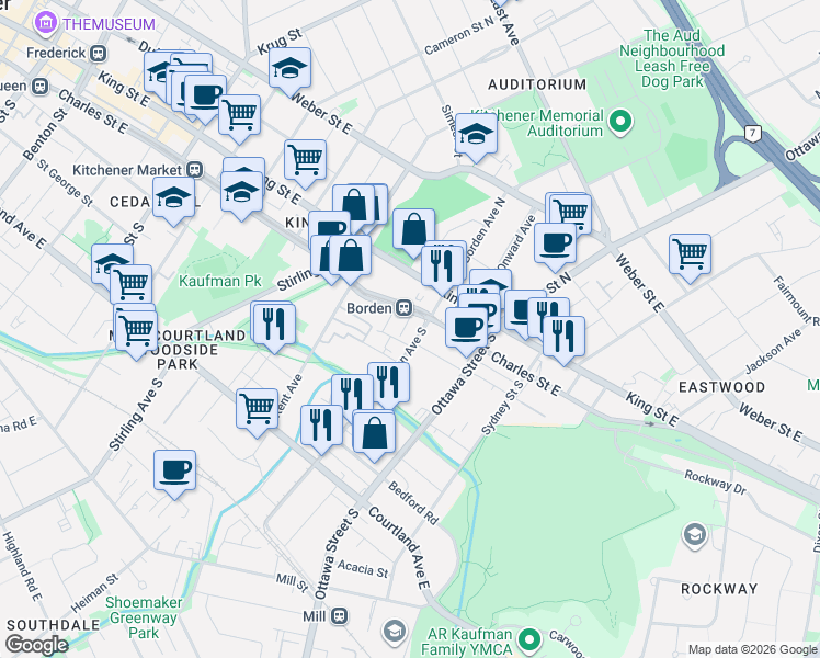 map of restaurants, bars, coffee shops, grocery stores, and more near 50 Borden Avenue South in Kitchener