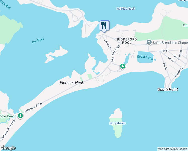 map of restaurants, bars, coffee shops, grocery stores, and more near 99 Mile Stretch Road in Biddeford