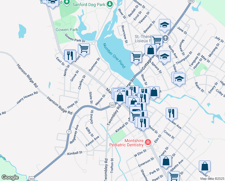 map of restaurants, bars, coffee shops, grocery stores, and more near 859 Main Street in Sanford