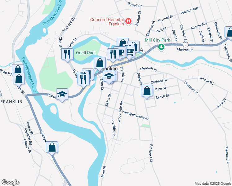 map of restaurants, bars, coffee shops, grocery stores, and more near 119a Franklin Street in Franklin