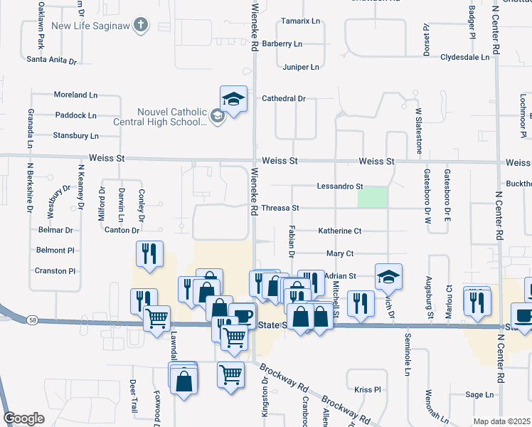 map of restaurants, bars, coffee shops, grocery stores, and more near 5 Commons West Court in Saginaw