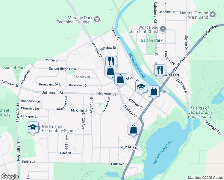 map of restaurants, bars, coffee shops, grocery stores, and more near 1628 North Main Street in West Bend
