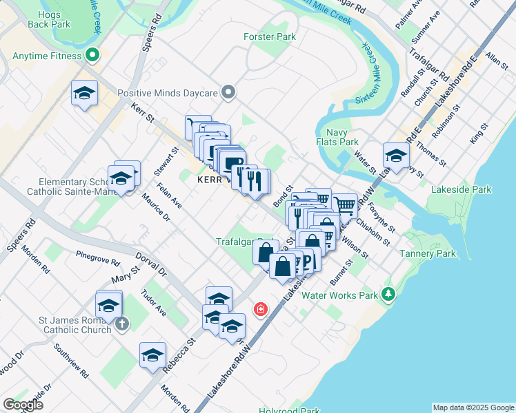 map of restaurants, bars, coffee shops, grocery stores, and more near in Oakville