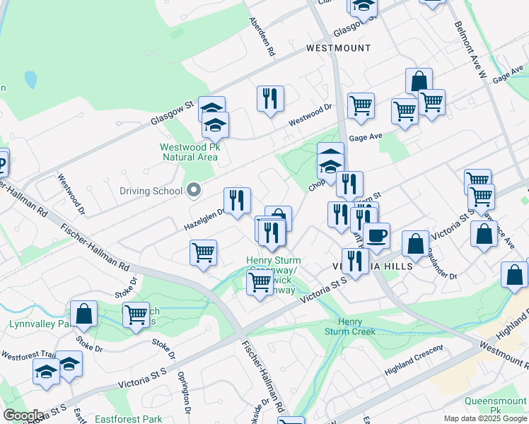 map of restaurants, bars, coffee shops, grocery stores, and more near 31 Markwood Drive in Kitchener
