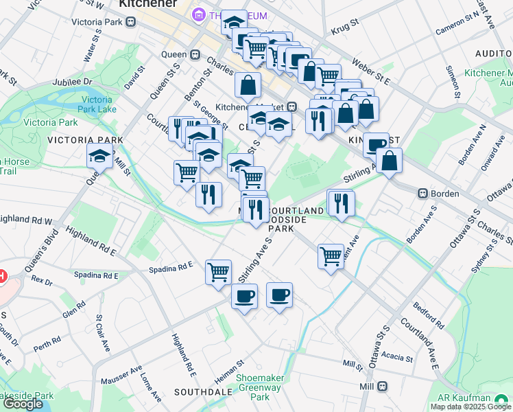 map of restaurants, bars, coffee shops, grocery stores, and more near 195 Courtland Avenue East in Kitchener