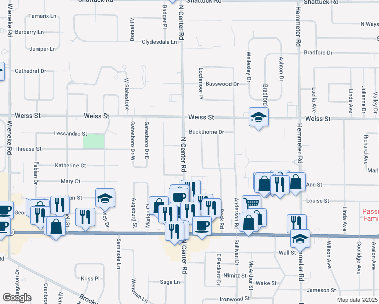 map of restaurants, bars, coffee shops, grocery stores, and more near 2380 North Center Road in Saginaw