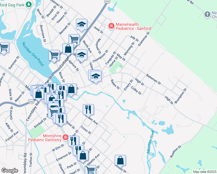 map of restaurants, bars, coffee shops, grocery stores, and more near 24 Bowdoin Street in Sanford