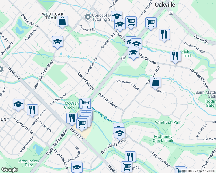 map of restaurants, bars, coffee shops, grocery stores, and more near 1531 Stoneybrook Trail in Oakville