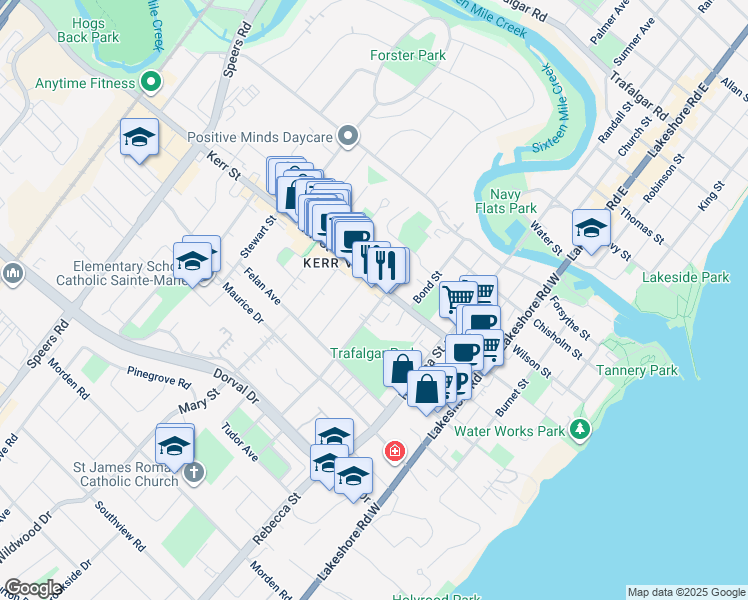 map of restaurants, bars, coffee shops, grocery stores, and more near 105 Deane Avenue in Oakville