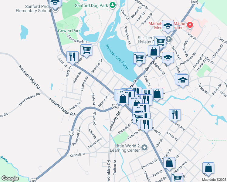 map of restaurants, bars, coffee shops, grocery stores, and more near 859 Main Street in Sanford