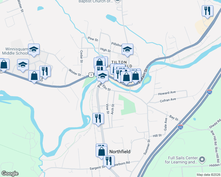 map of restaurants, bars, coffee shops, grocery stores, and more near 5 Elm Street in Northfield