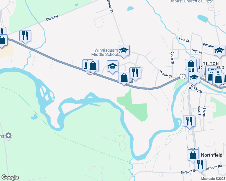 map of restaurants, bars, coffee shops, grocery stores, and more near 438 West Main Street in Tilton