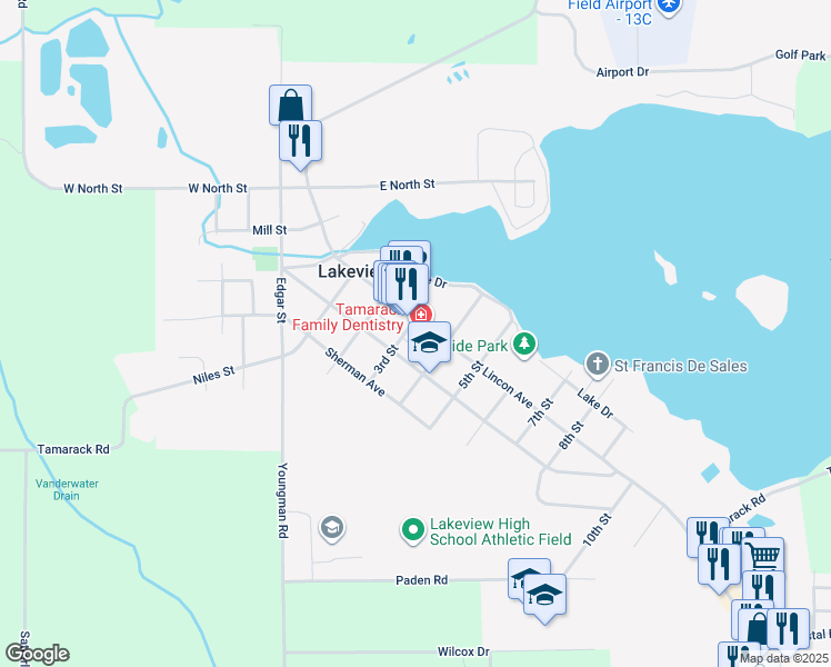 map of restaurants, bars, coffee shops, grocery stores, and more near 418 Washington Street in Lakeview