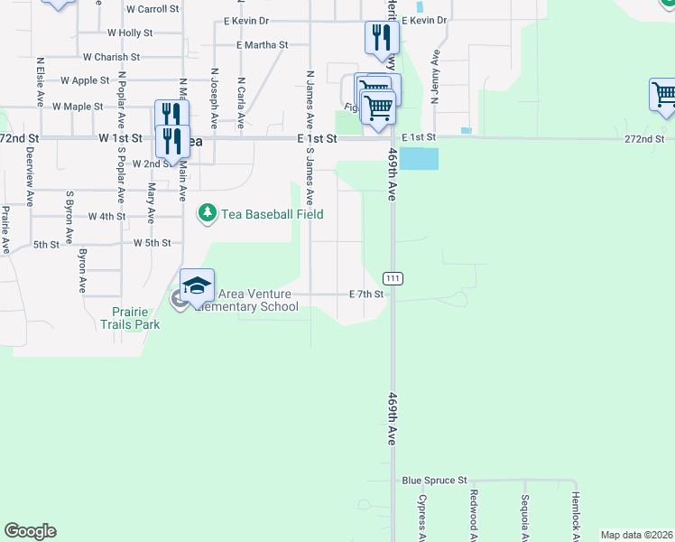 map of restaurants, bars, coffee shops, grocery stores, and more near 27237 469th Avenue in Tea