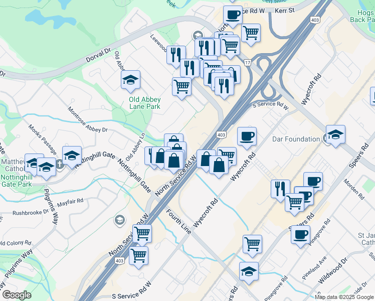 map of restaurants, bars, coffee shops, grocery stores, and more near 435 North Service Road West in Oakville