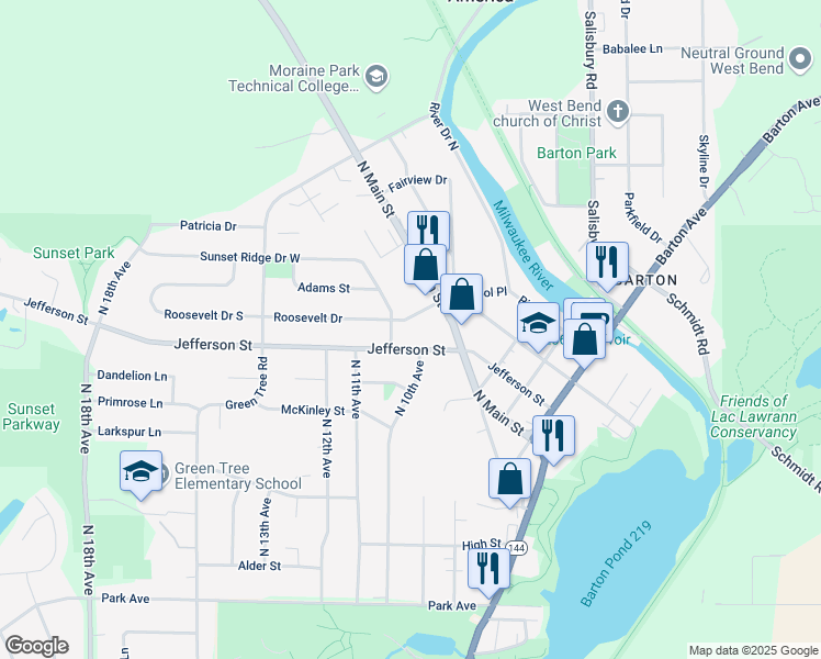 map of restaurants, bars, coffee shops, grocery stores, and more near 1628 North Main Street in West Bend