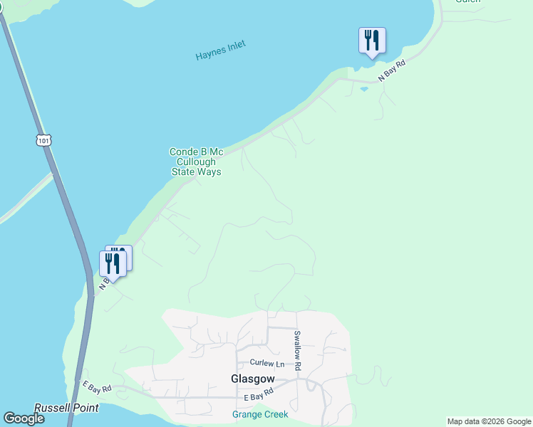 map of restaurants, bars, coffee shops, grocery stores, and more near 66821 Robin Road in North Bend
