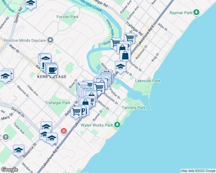 map of restaurants, bars, coffee shops, grocery stores, and more near 22 Lakeshore Road West in Oakville