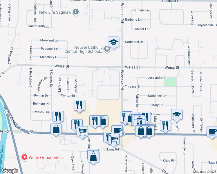 map of restaurants, bars, coffee shops, grocery stores, and more near 5821 Ambassador Drive in Saginaw