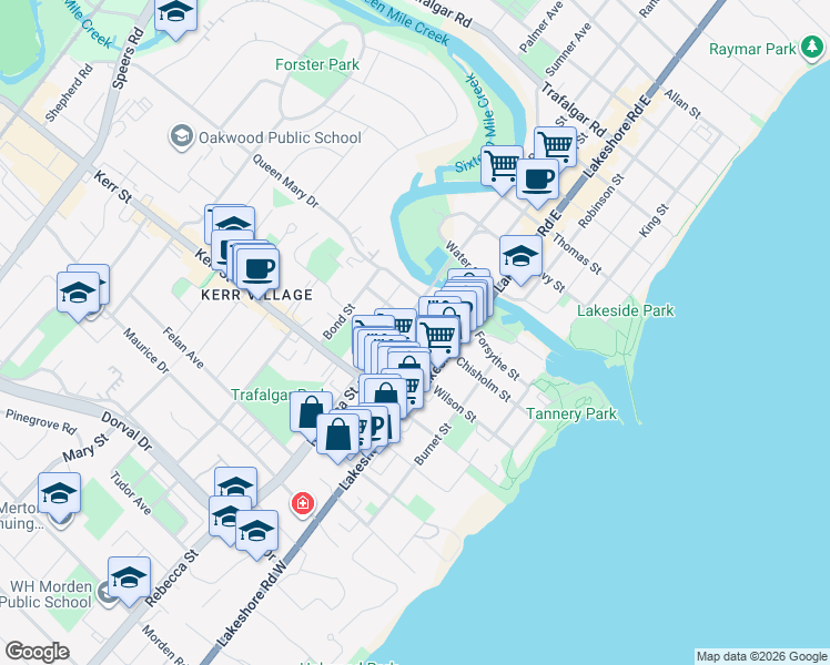 map of restaurants, bars, coffee shops, grocery stores, and more near 128 Chisholm Street in Oakville