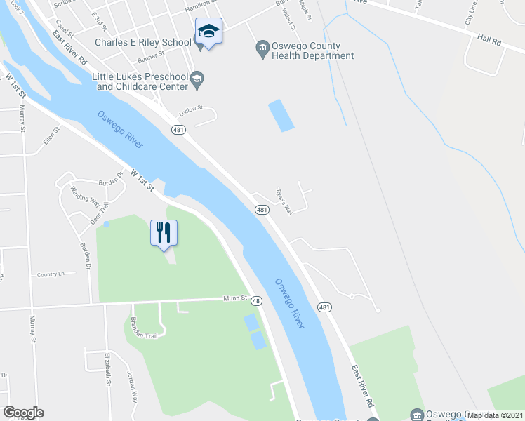 map of restaurants, bars, coffee shops, grocery stores, and more near 320 East River Road in Oswego