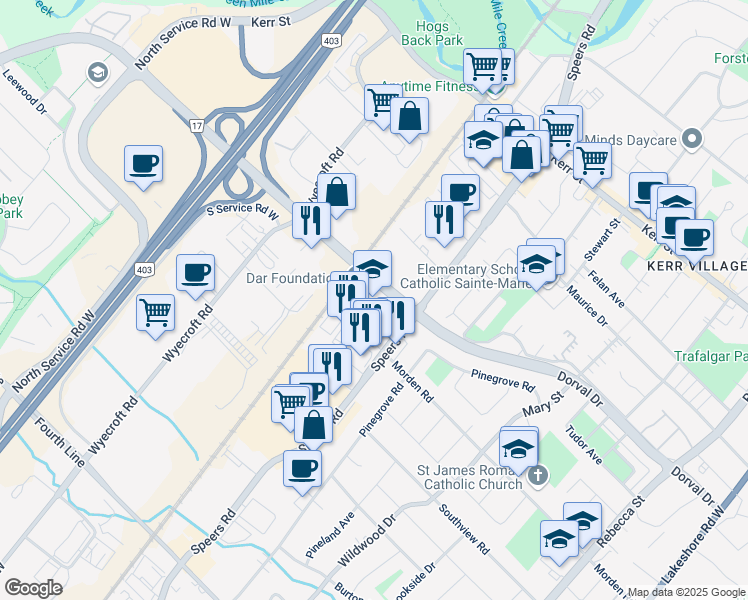 map of restaurants, bars, coffee shops, grocery stores, and more near 345 Speers Road in Oakville