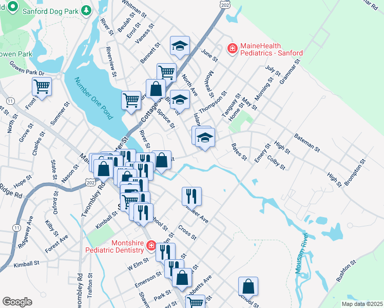 map of restaurants, bars, coffee shops, grocery stores, and more near 17 High Street in Sanford