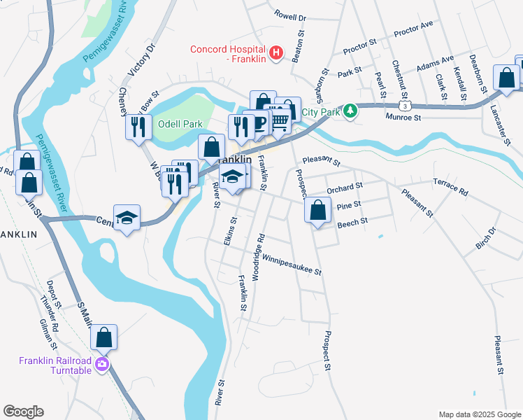 map of restaurants, bars, coffee shops, grocery stores, and more near 119a Franklin Street in Franklin