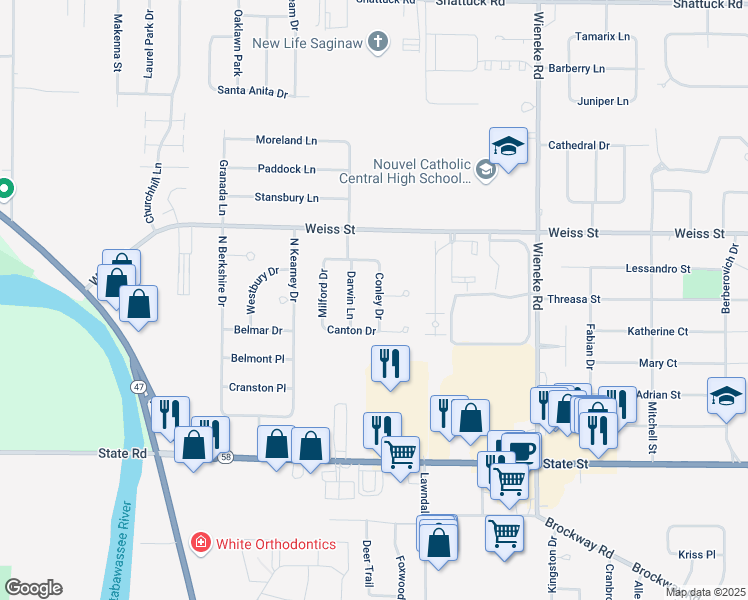 map of restaurants, bars, coffee shops, grocery stores, and more near 2310 Conley Drive in Saginaw